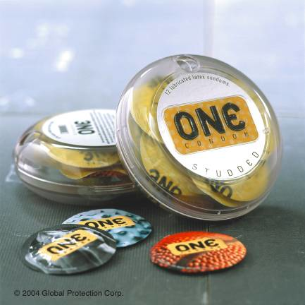 A two-piece custom-molded threaded case of polycarbonate is used to hold 12 of the wrapped condoms.
