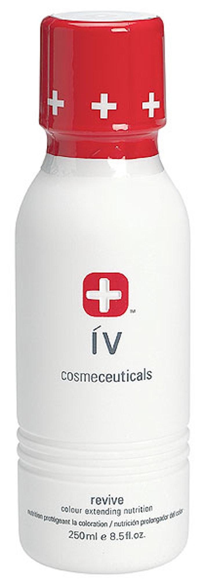 The proprietary coextruded 8.5-oz soft-touch bottle is shown with its TE neckband.