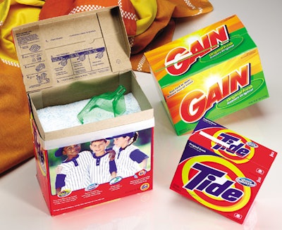 Film-laminated paperboard cartons for two Procter & Gamble dry detergent brands offer examples of the shelf 'pop' that store ma