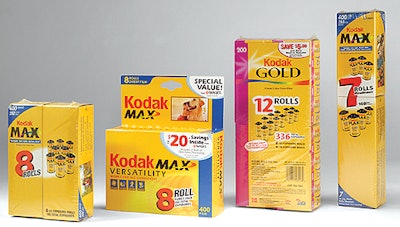 Kodak yellow is a strong visual brand identifier for the individual multipacks it sells to club stores (left) and in creating di