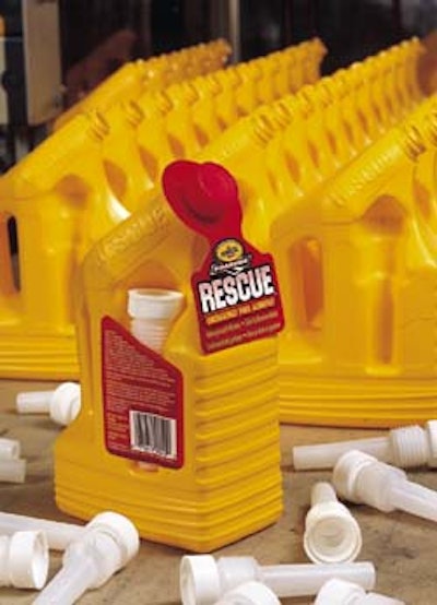 Penzoil's new Rescue product was launched in a challenging coextruded half-gallon container (above) designed with a recessed cav