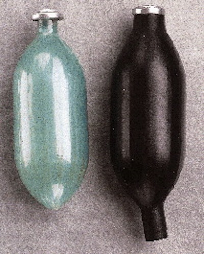 Gillette?s new HDPE bottle (right) has an inner PET bottle that?s pleated (top), surrounded by a rubber sleeve and filled under