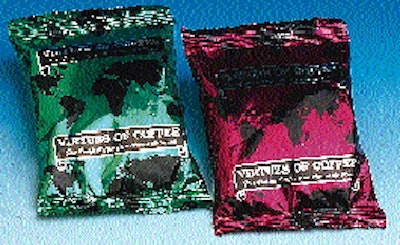 Downgauged film for coffee packs (right) helps Virtues of Coffee save energy costs during vf/f/s (below). The film?s added punc