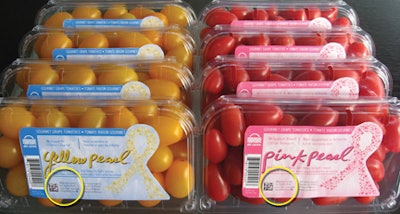 TOMATO PEARLS. Both red and yellow cherry tomatoes from Del Campo are packed in clamshells whose labels include a unique, encryp