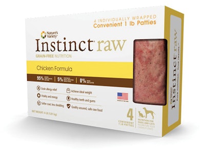 Nature’s Variety’s Instinct Raw Frozen Diet, which includes this 4-lb carton of chicken patties.