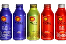 Shown here is a photo of Vuka energy drinks in Ball's 16-oz Alumi-Tek bottles, which provide graphic punch and are recyclable.