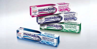 This photo shows Mentadent's PET toothpaste packs.