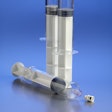 Prefillable polymer syringe for large-volume injectable drugs by way of IV infusion.