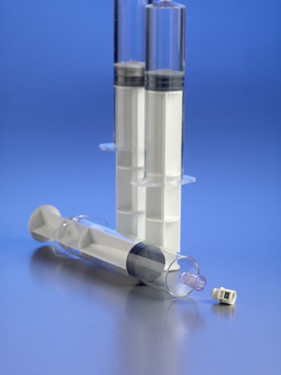 Prefillable polymer syringe for large-volume injectable drugs by way of IV infusion.