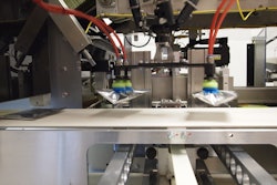 TWO POUCHES. Two unoriented pouches are picked up by an AFA Delta 3 robot, which then places them into a loading funnel.