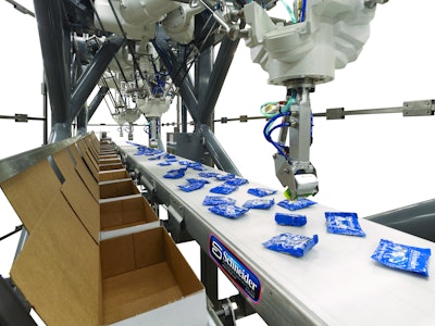 High-speed top-loading Robotic Vertical Carton/Case Loader (RVCL) uses FANUC Robotics delta robots.