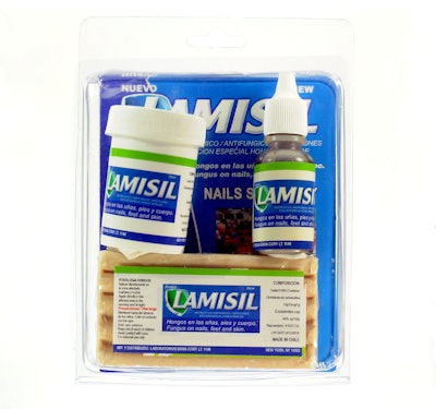 Shown in this photo is a fake Lamisil three-pack.
