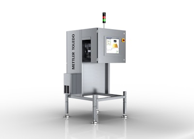 A full bottle inspection system inspects filled bottles for cap, band integrity, and fill level.