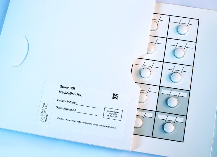 BLISTER PACK. This compliance-prompting pack for a clinical trials application includes room for patient initials and date dispensed.