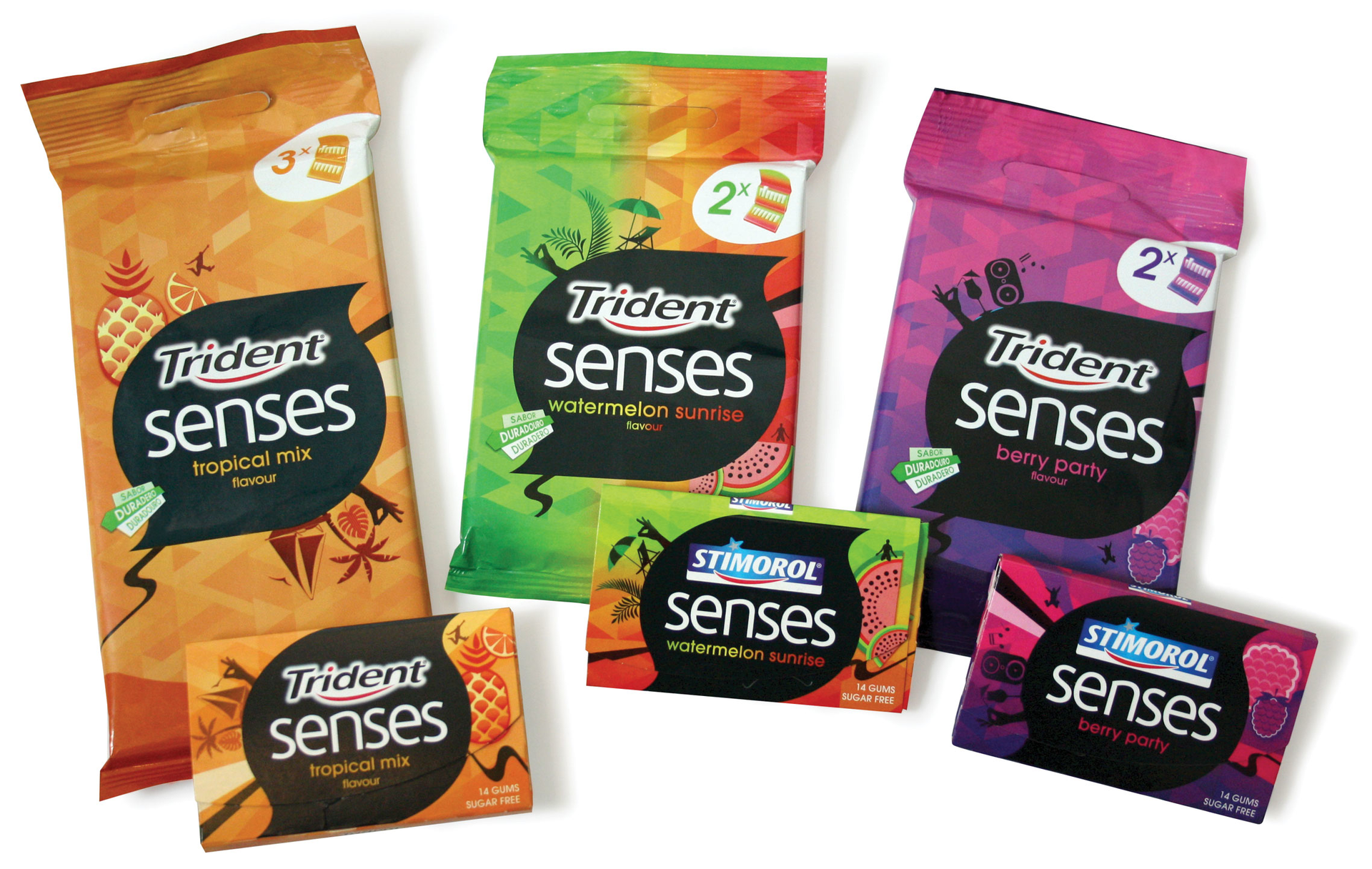 CONSISTENT BRANDING. Consistency&mdash;in both color and design&mdash;was the goal of Mondelez&rsquo; refresh of its Trident, Stimerol, and Hollywood brands in Europe and part of its strategy to revitalize the brands.