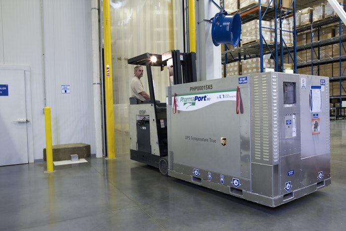 The PharmaPort™ 360 from Cool Containers is an active hybrid container. What that means is that it’s designed to hold one pallet of product, and is set to maintain a temperature range for temperature-sensitive products. A client would lease the containers from UPS, and we would deliver them to the client pre-cooled. They would put their pallet load in there, close it, seal it, and make sure the temperature is set correctly. Then it is transported from origin to destination.
