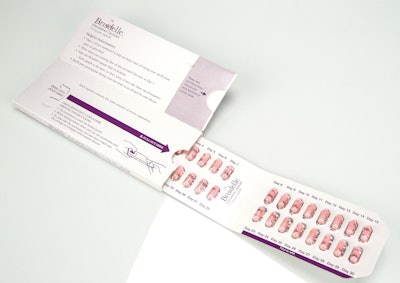 Package of the year. Noven Therapeutics Brisdelle is indicated for the treatment of moderate to severe vasomotor symptoms (VMS) associated with menopause. The Brisdelle compliance design features calendarized dosing for 30 days of therapy, with a designated area for the patient to note the starting date of the therapy.