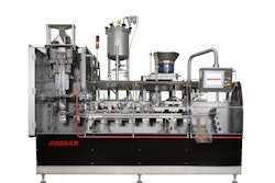 A servo-controlled f/f/s machine combines vertical and horizontal technologies to form, fill, and seal stand-up pouches.