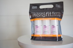 MIO Skincare’s customized stand-up pouch with carry handle offers a sporty, modern appeal for Life Time Fitness club members.
