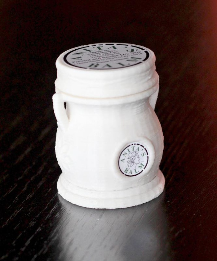 Anita’s Balm founder brings package manufacturing in-house, creating a custom twist-up container resembling a mini amphora jar, made from compostable PLA resin.