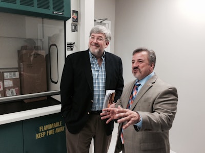 Carlos Daniel Stagnaro (right), Director, Global Business Development for kp’s Pharmaceutical Films Division, proudly shows off his brain child, a new innovation center for pharma packaging, to Healthcare Packaging Publisher Jim Chrzan.