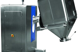 A double-inclination wheeled bin mixer is designed for mixing powders and granules.