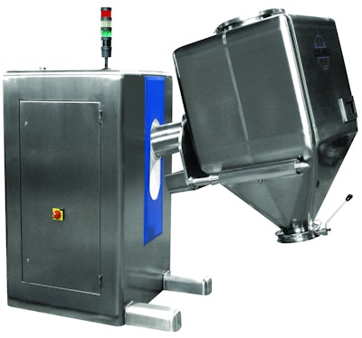 A double-inclination wheeled bin mixer is designed for mixing powders and granules.