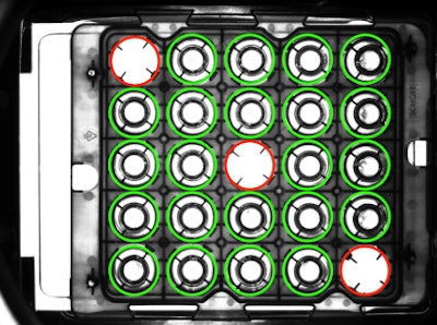 A vision targeting system senses missing components from nests of vials, syringes, and cartridges.