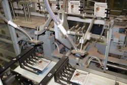 Once pouches are cut into individual units, a pick-and-place device puts each pouch on a pedestal checkweigher.