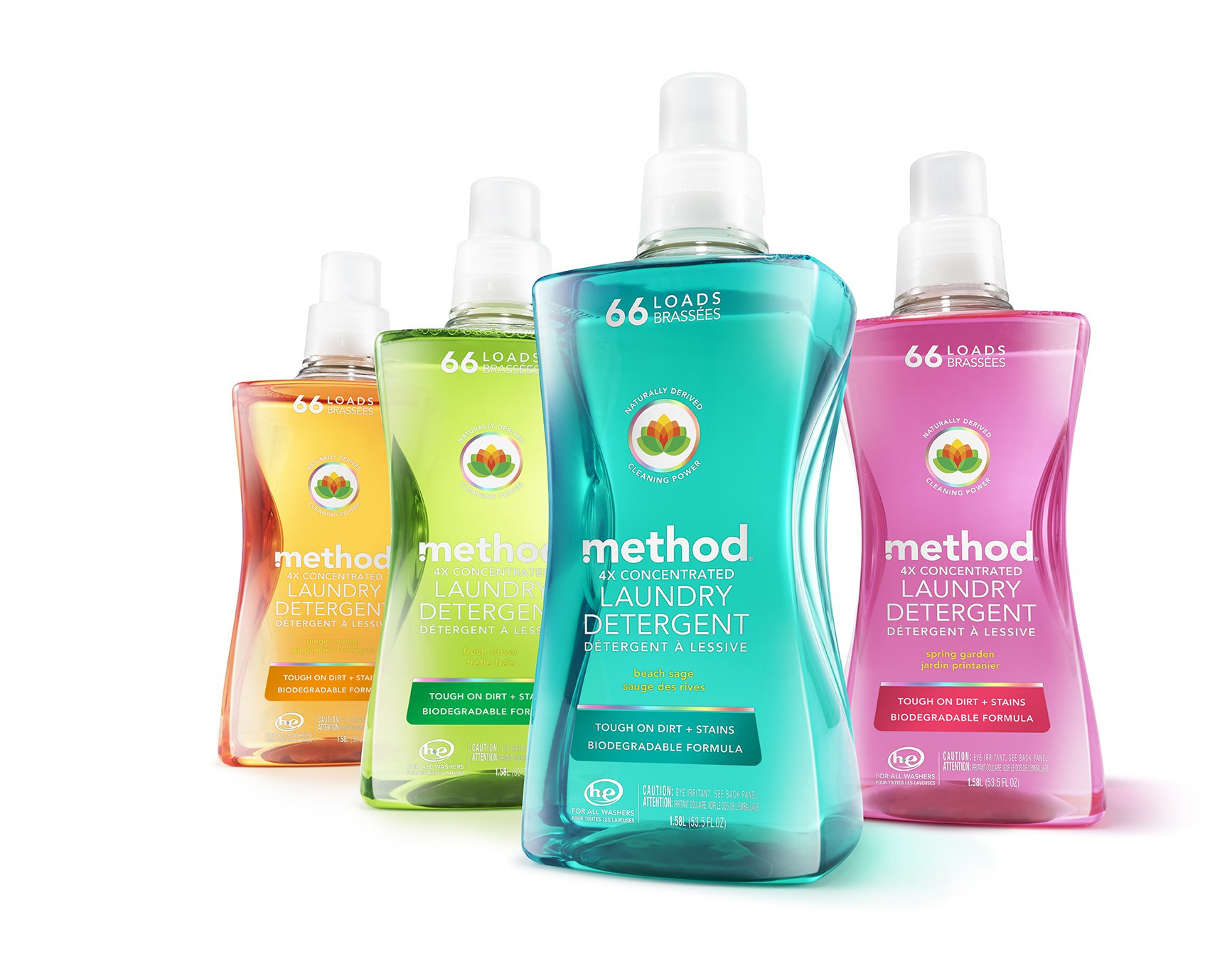 Method uses packaging shape and clear PET bottles that allows consumers to see the colorful liquid cleaners inside. The 100% post-consumer recycled bottles use an oriented pour spout and ergonomic design that are consumer friendly.