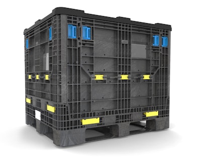 Collapsible plastic bulk container holds up to 900 kg for European shipments.