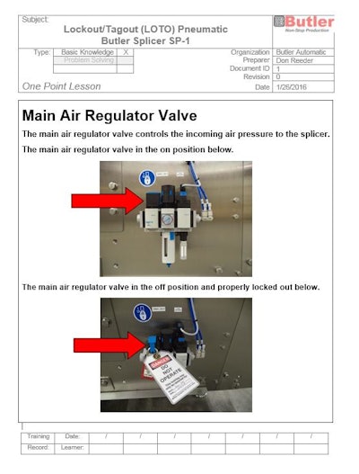 A One Point Lesson Plan by Butler Automatic demonstrates how to lock and unlock the splicer’s main air regulator valve, tasks performed by the machine operator.