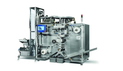 The Romaco Siebler HM 1-230 heat-sealing machine packs pharmaceutical solids in air, light and moisture-tight strip packaging.