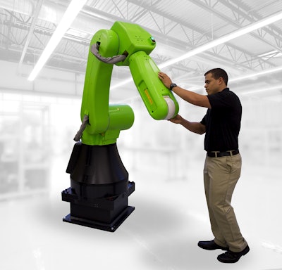 Robotic palletizer eliminates need for a safety fence, reduces labor costs, floorspace requirements, and injuries associated with heavy lifting and repetitive motion of manual palletizing.