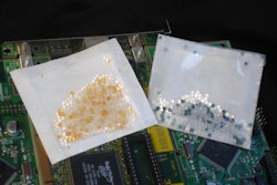 Windowed version of Desicorr Pouches NW shows the indicator spheres that change color when the desiccant is fully spent.
