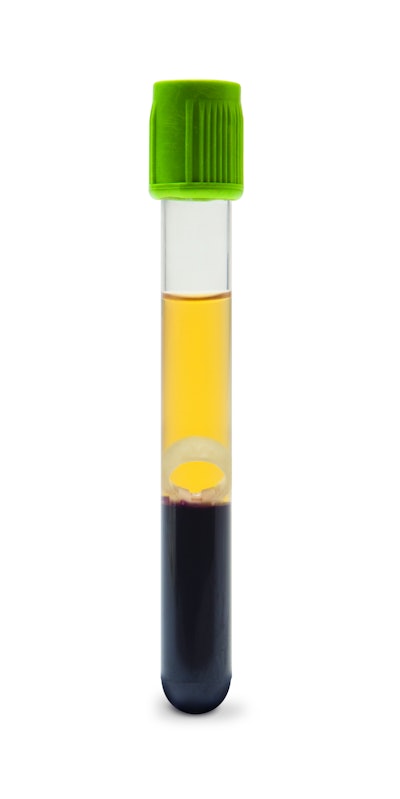 When stretched, channels are created around the separator allowing blood cells to sediment out of the plasma throughout the centrifugation process.