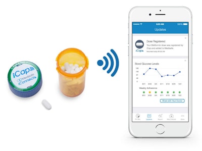 The iCap wireless Bluetooth cap for prescription pill bottles works in conjunction with the Medisafe app and allows patients and caregivers to accurately track when pill bottles are opened to help determine whether medications are taken or missed.