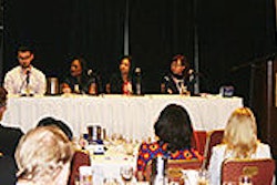 From left to right: Ravi Kiron, Ryan Mills, Renae Bentley-Gay, Malou Berdan, Irene Xie, Devendra Mishra (at the podium).