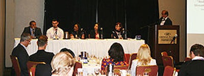 From left to right: Ravi Kiron, Ryan Mills, Renae Bentley-Gay, Malou Berdan, Irene Xie, Devendra Mishra (at the podium).
