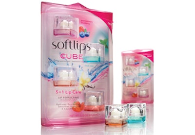 A holiday multipack of Softlips Cube lip balms uses a transparent PVC clamshell, insert, and sleeve with vibrant printing to produce an eye-catching multidimensional effect.