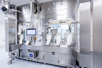 Steriline’s RVFCM50 Robotic Vial Filling and Capping Machine features glove ports on either side of the machine to allow for complete access to the line.