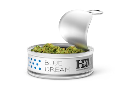 The round tin holds 1/8 oz of cannabis flower product and is covered with a pull-top metal lid that meets regulations for child-resistance.