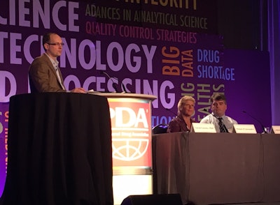 Moderator Aaron Goerke, PhD. Associate Director/Head of Downstream Global Manufacturing Science & Technology at Genentech, with Michele D’Alessandro, Vice President and Chief Information Officer at Merck & Company, and Adam Fermier, PhD, Scientific Director, PDMS, Janssen Pharmaceuticals R&D