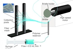 A schematic of the pull spinning apparatus with a side view illustration of a fiber being pulled from the polymer reservoir. The pull spinning system consists of a rotating bristle that dips and pulls a polymer jet in a spiral trajectory (Leila Deravi/Harvard University)
