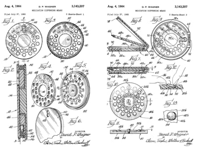 Medication dispensing means, patent US 3143207 A, / Image: D. P. WAGNER)