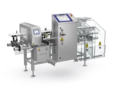 Product inspection system integrates two key inspection functions into a single compact system in which products pass through a metal detector, then are weighed on a checkweigher.