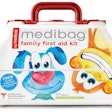 Colorful, friendly characters with smiling faces populate the Medibag First Aid Kit to reassure injured kids.