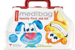 Colorful, friendly characters with smiling faces populate the Medibag First Aid Kit to reassure injured kids.