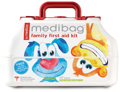 Colorful, friendly characters with smiling faces populate the Medibag First Aid Kit to reassure injured kids.