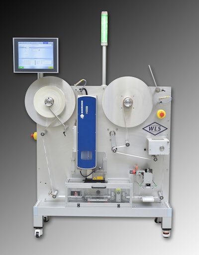 The continuous-motion, servo-driven LC-100 prints variable data onto pressure-sensitive labels at speeds up to 3,000 in./min, allowing one unit to supply labels to multiple labelers.